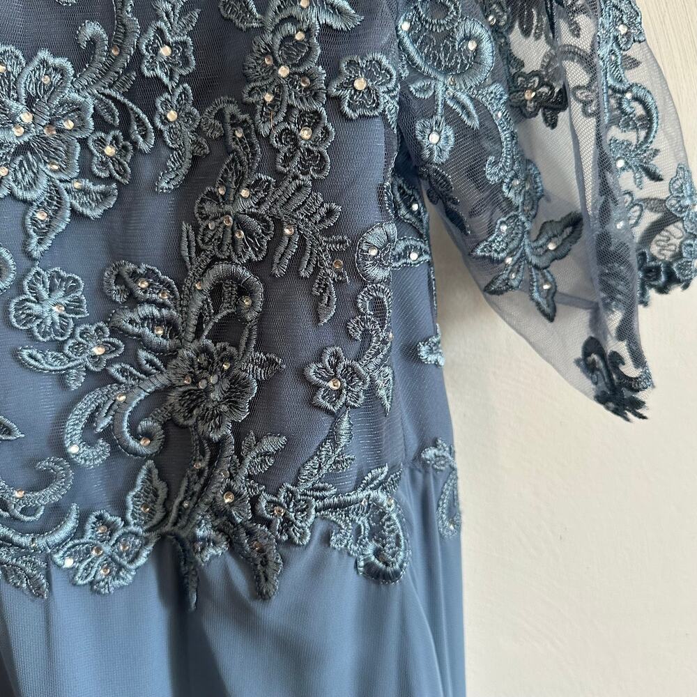 Oleg Cassini Steel Blue Chiffon & Lace Empire Waist Beaded Gown - Picture 8 of 10